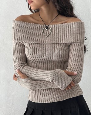 Női Motel Rocks Circe Off-shoulder Long Sleeve Knit Top Jumpers Bézs | AWT5958CI