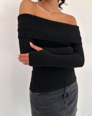 Női Motel Rocks Circe Off-shoulder Long Sleeve Knit Top Jumpers Fekete | GES4294BA